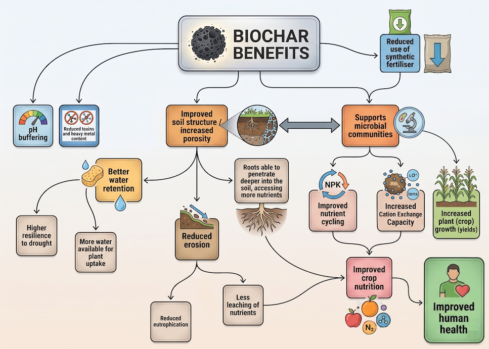 Biochar benefits to soil diagram
